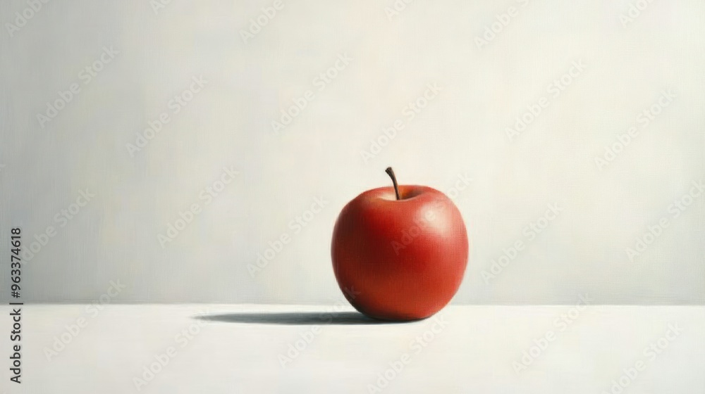 Poster a single red apple on a white surface with a shadow