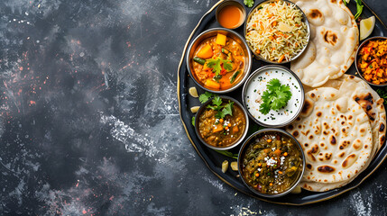 entire dinner on a platter: thali, veg thali, paratha rice, aalu bhaji puri, or poori