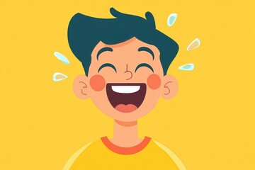 Obraz premium A young boy with a wide smile and rosy cheeks laughs heartily against a yellow background.