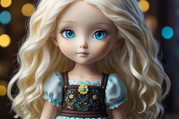 Cute little 3D doll in children's cartoon style, animated fantasy. Artistic background. Art illustration. Book illustration. Cartoon stylized illustrated art.