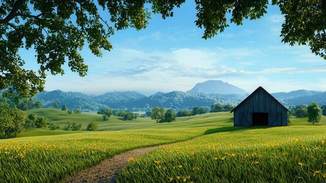 Morning harvest, barnyard with dew-covered crops.