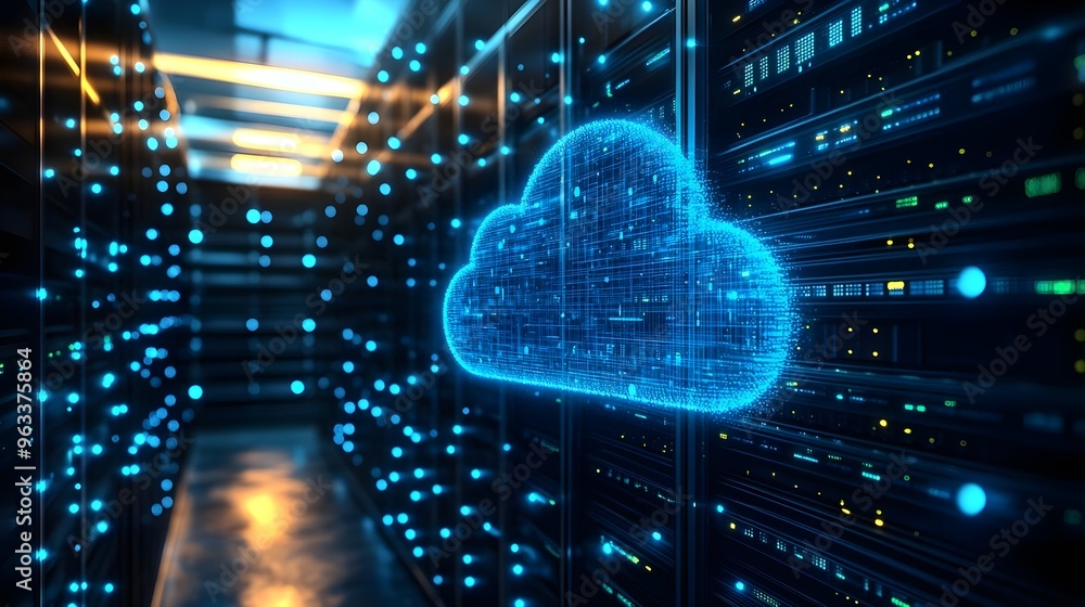 Aufkleber a futuristic data center featuring glowing servers and a digital cloud symbolizing cloud computing t