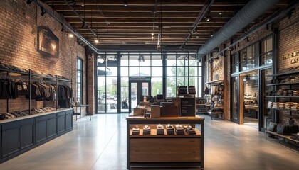 Modern retail store interior with exposed brick walls, large windows, and wood accents.  A sleek and inviting space for shopping.