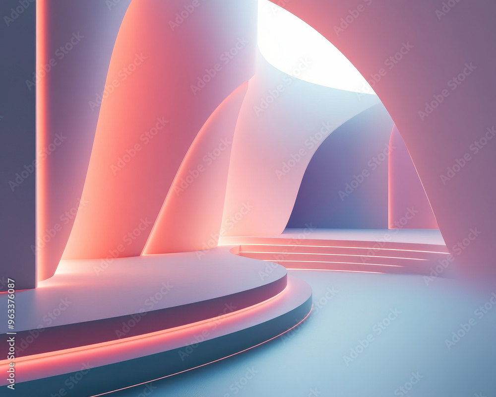 Poster a serene and modern space featuring abstract forms with glowing edges, creating minimalist atmospher