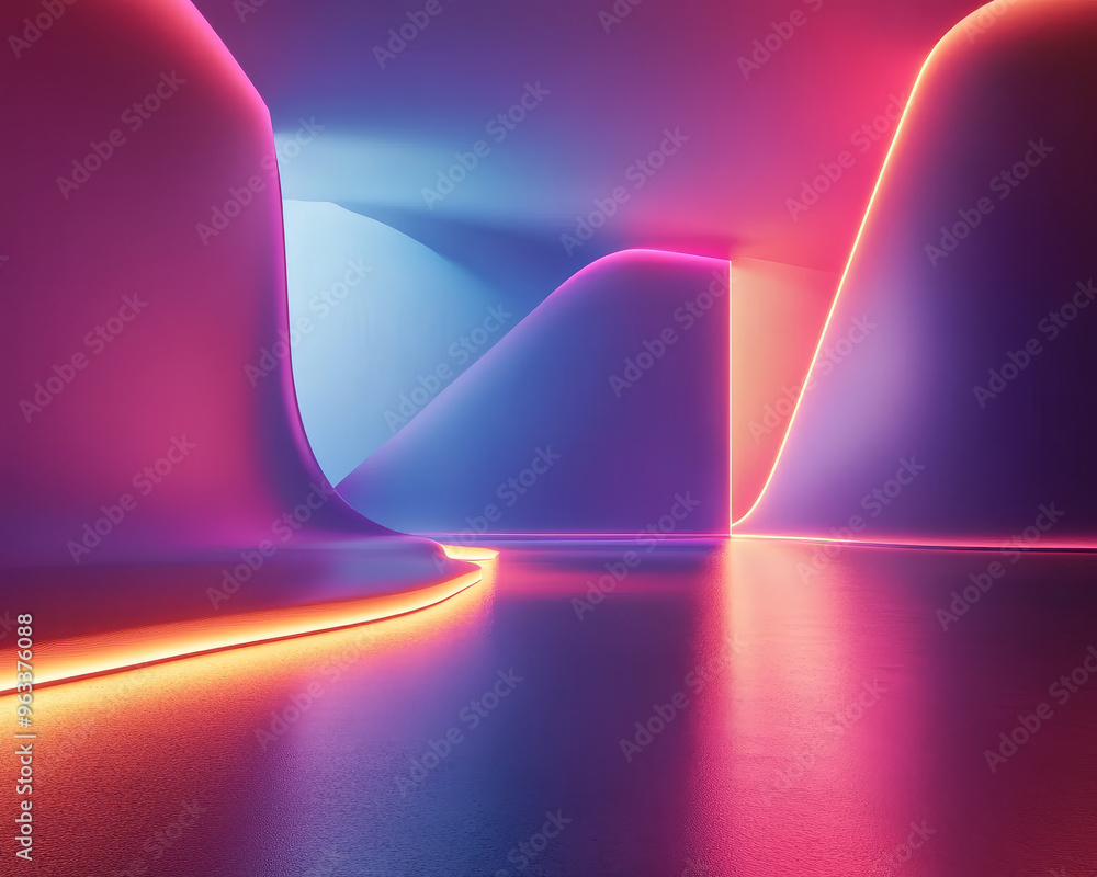 Poster a vibrant 3d abstract scene featuring glowing forms on minimalist background, creating captivating v