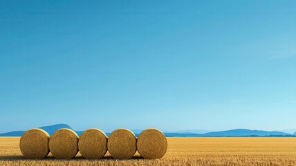 Barnyard with freshly harvested hay bales, summer evening.