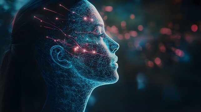 A futuristic portrait illustrating the concept of artificial intelligence with a glowing, wireframe head and digital connections.