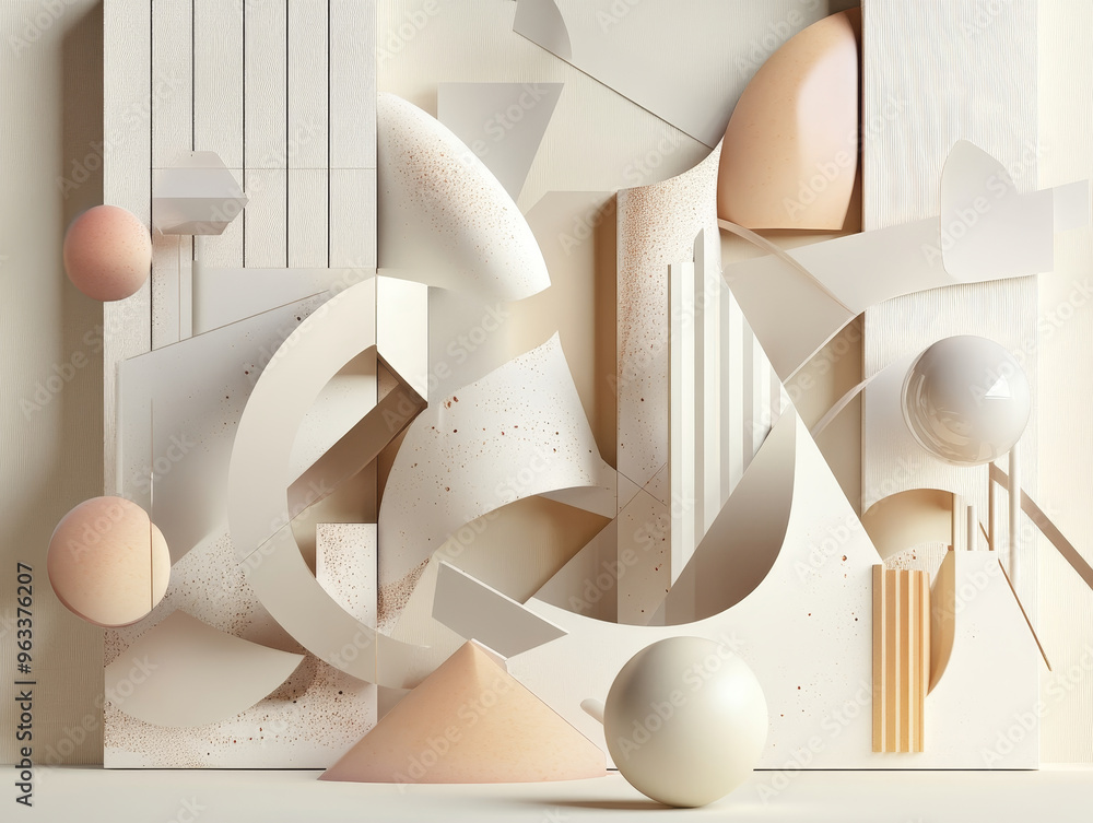 Poster dynamic 3d geometric shapes in soft tones create an abstract composition on neutral background, evok