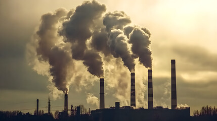 A factory with smoking chimneys releases thick plumes of smoke into the atmosphere creating an industrial scene against a cloudy sky