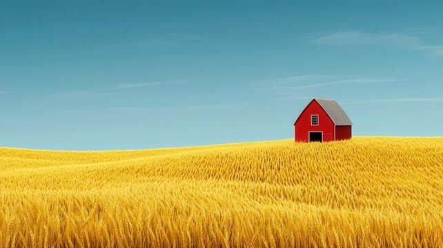 Golden wheat fields, barnyard with harvest tools, 3D illustration