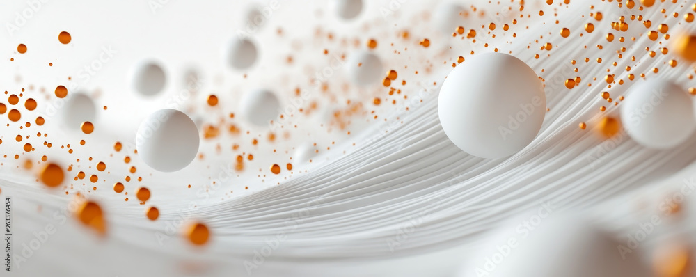 Poster clean white background featuring 3d spheres and thin vibrant waves creates dynamic visual experience