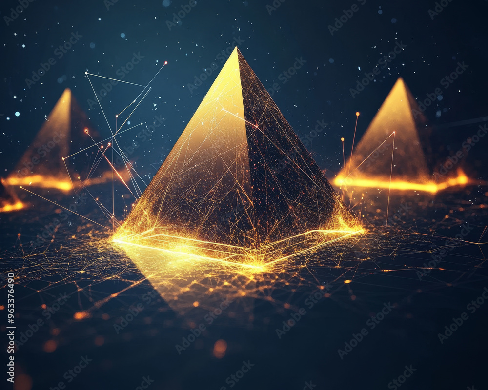 Poster floating 3d pyramids illuminated by glowing lines create mesmerizing scene against dark background.