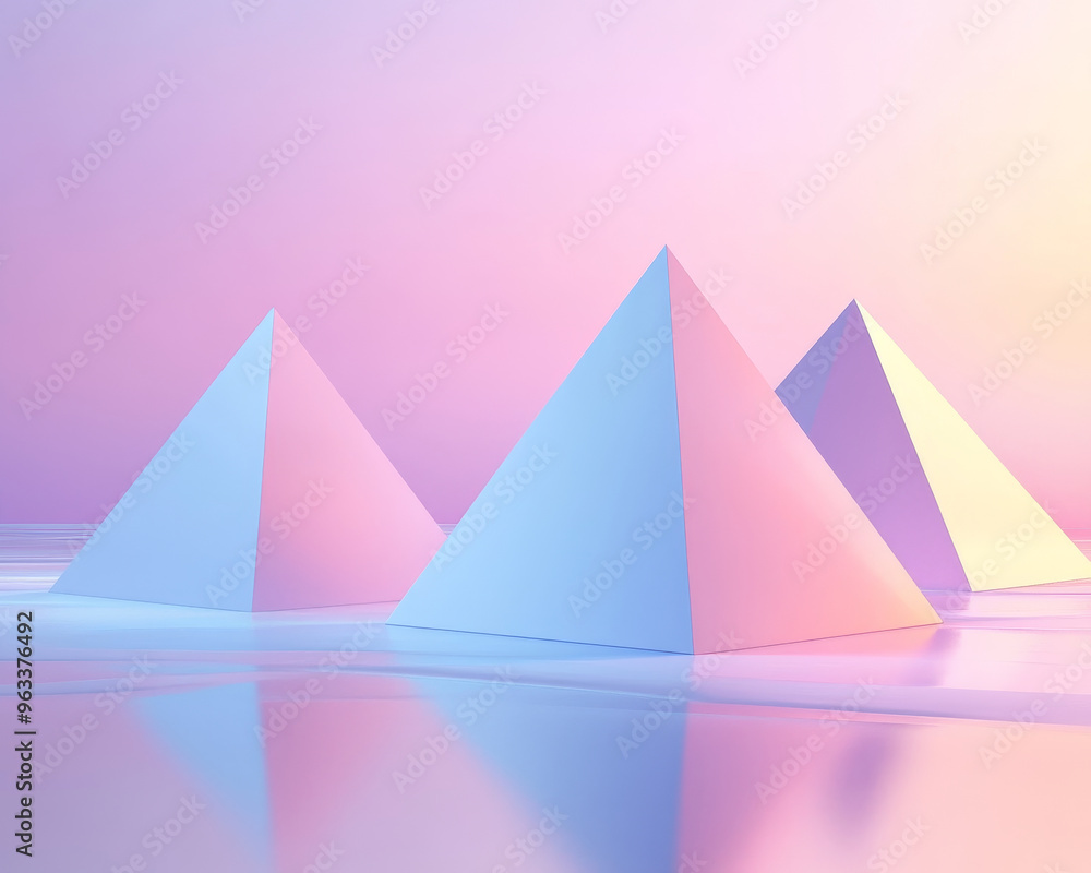 Poster floating 3d pyramids on smooth gradient background create serene atmosphere. soft colors evoke sense