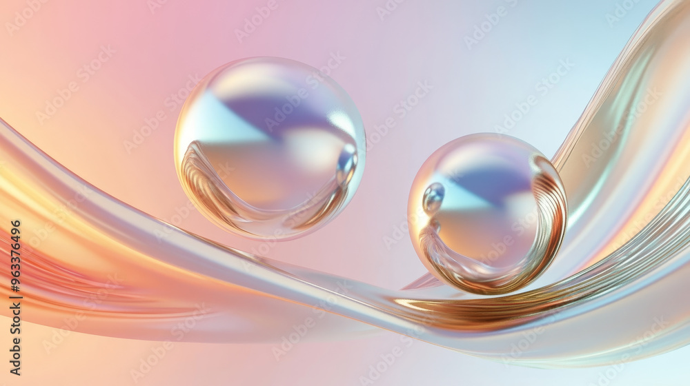 Poster floating metallic 3d objects create serene atmosphere with soft gradients. smooth curves and reflect