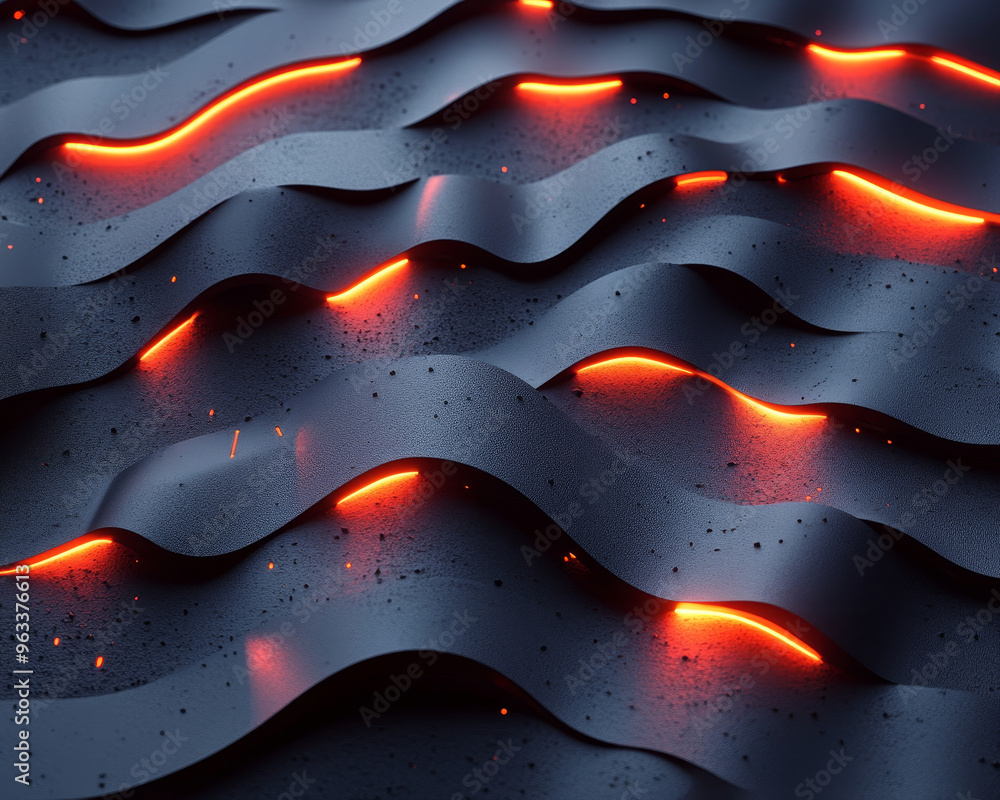 Poster futuristic 3d forms create mesmerizing pattern on textured dark background, illuminated by glowing r