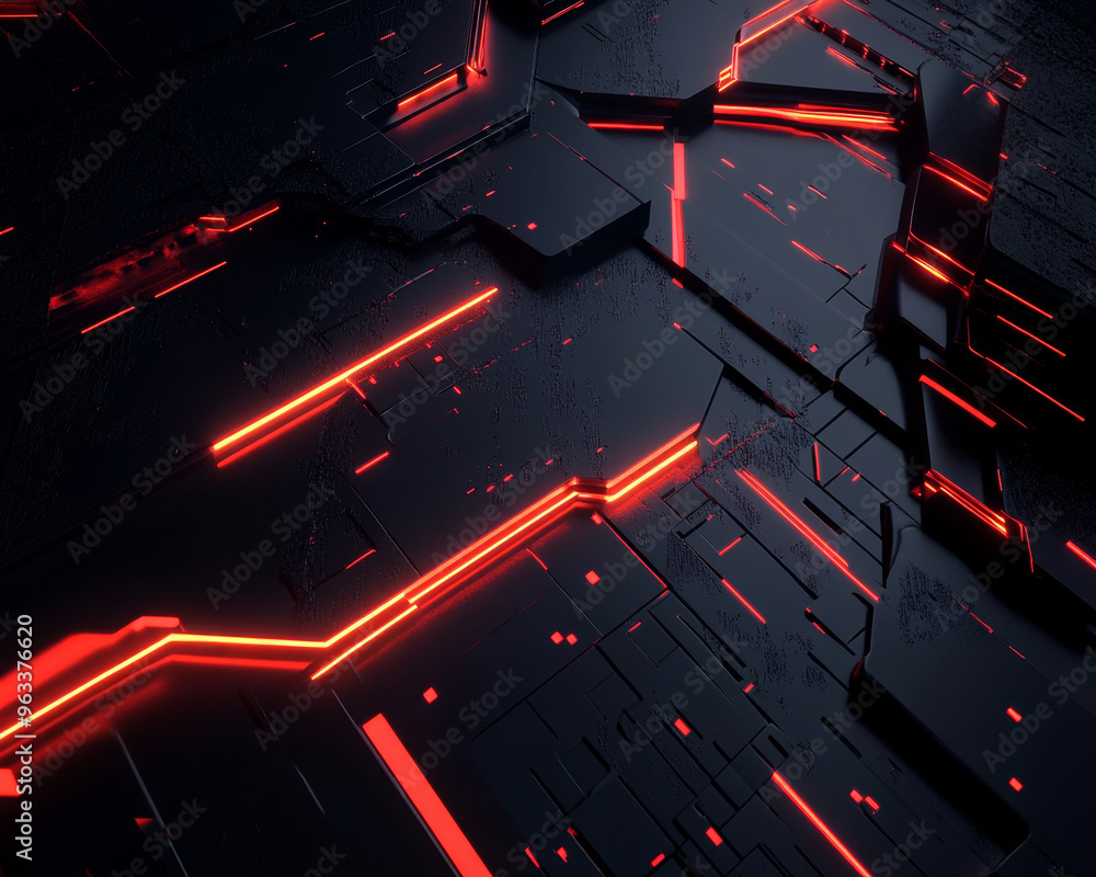 Poster futuristic 3d forms with glowing red lines on textured dark background create striking visual. intri