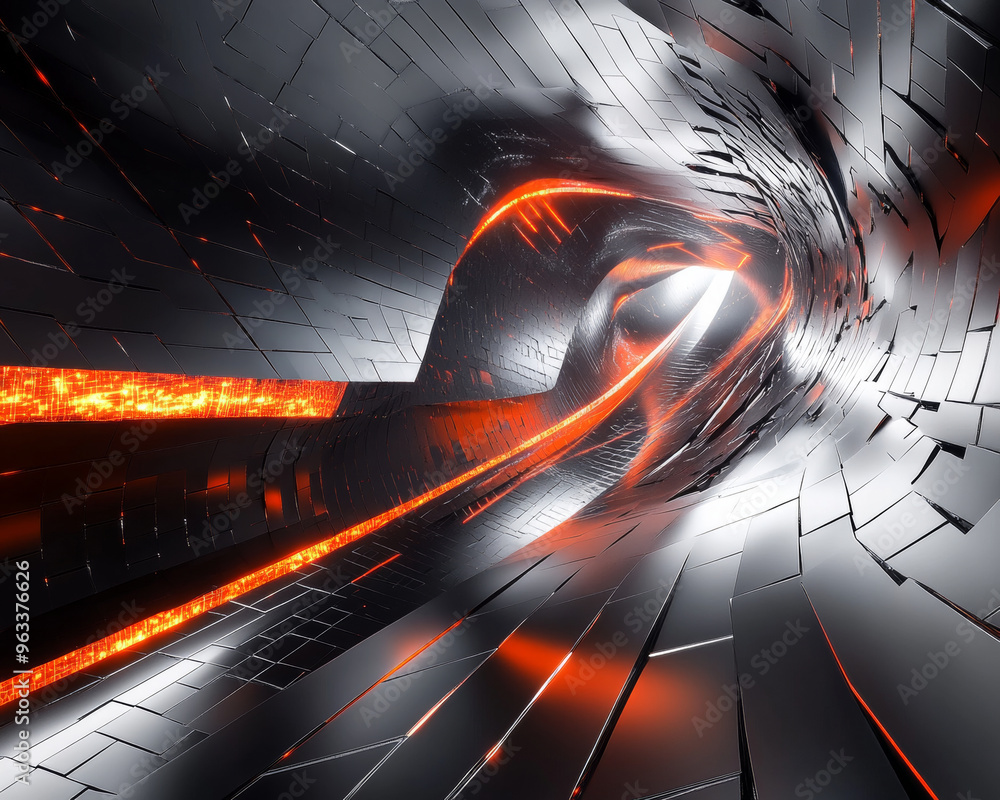 Poster futuristic 3d forms create mesmerizing tunnel with glowing orange accents against dark, textured bac