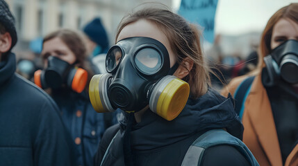 People wearing gas masks stand together in a crowd, expressions serious, as they participate in a protest against pollution and environmental issues