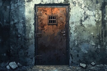 The Rusty Door to Somewhere Secret. A solitary metal door, weathered and worn, set against a crumbling concrete wall, hints at an unknown space hidden beneath. 