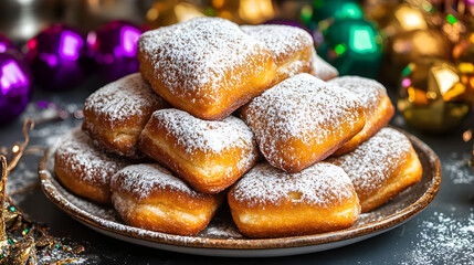 A stack of beignets dusted with powdered sugar sits on a plate, creating a sweet and festive atmosphere with colorful decorations in the background