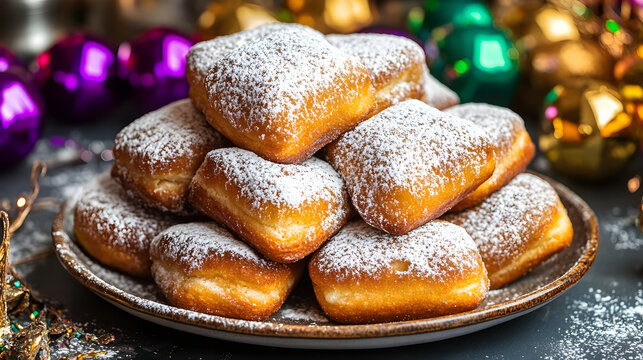 A stack of beignets dusted with powdered sugar sits on a plate, creating a sweet and festive atmosphere with colorful decorations in the background