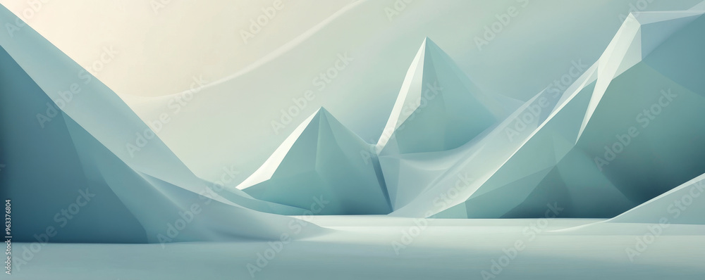 Poster sleek minimal 3d forms create serene landscape with soft curves and icy hues. tranquil scene evokes 