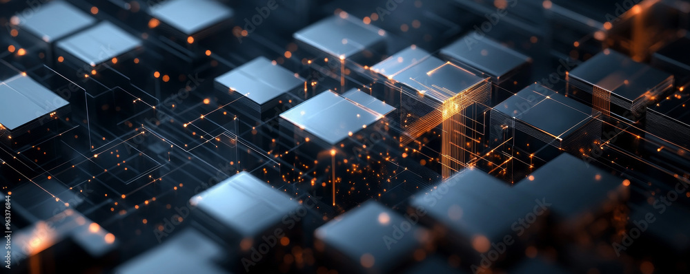 Poster futuristic metallic cubes with glowing lines create dynamic visual in dark minimalist background. sc
