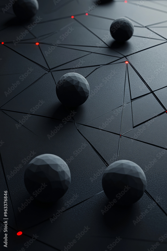 Poster low poly 3d spheres resting on dark background with red accents create striking visual. geometric sh