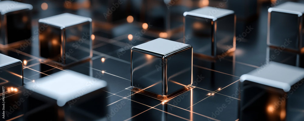 Poster metallic 3d cubes floating on dark minimalist background create modern and sleek visual. reflective 