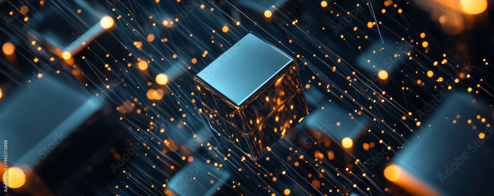 Poster floating metallic cubes create mesmerizing visual against dark minimalist background, enhanced by gl