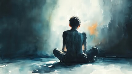 Obraz premium Solitude in Soft Shadows - Watercolor Style Portrait of Young Boy Feeling Overwhelmed and Alone
