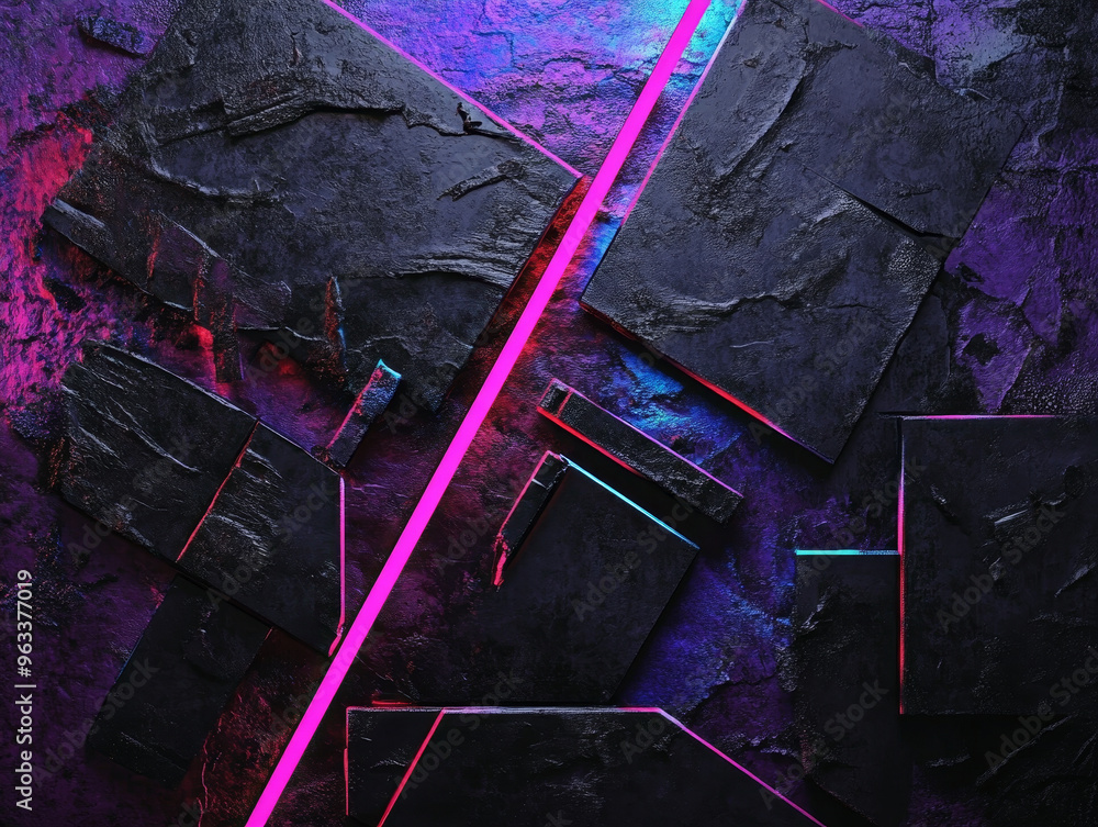 Poster dark textured background with metallic 3d forms and neon accents creates striking visual contrast.