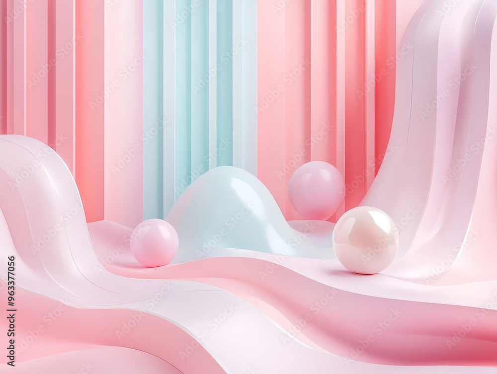 Poster soft pastel background with floating 3d objects creates serene and playful atmosphere. gentle curves