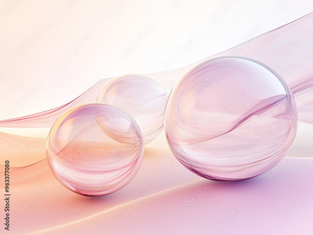 Poster translucent spheres rest on smooth gradient background, creating serene and calming atmosphere.