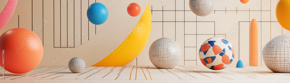 Poster vibrant 3d objects floating on neutral background create playful atmosphere. colorful spheres and ge