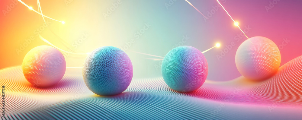 Poster vibrant 3d spheres arranged on gradient backdrop create dynamic visual experience. colorful design e