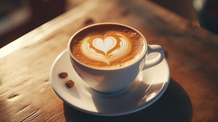 Latte coffee cup with heart shaped topping on table. Neural network ai generated art