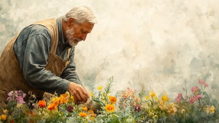 Fototapeta premium Serene Watercolor Portrait of an Elderly Man Finding Solace While Tending to His Garden