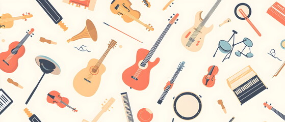 A flat  illustration of various music instruments, arranged in a seamless pattern, soft pastel background. Instruments include guitars, pianos, violins, drums, and saxophones, with clean lines