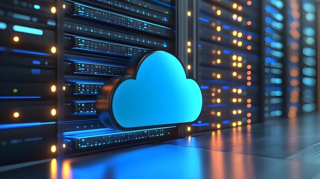 A modern cloud symbol against a backdrop of illuminated server racks, showcasing digital technology and data storage.