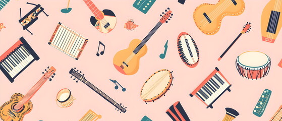 Obraz premium A flat illustration of various music instruments, arranged in a seamless pattern, soft pastel background. Instruments include guitars, pianos, violins, drums, and saxophones, with clean lines