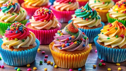 Vibrant and tempting cupcakes with sprinkles arranged neatly on a table ready to be devoured