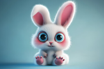A cute, white, fluffy bunny rabbit with pink ears and big blue eyes sits on a blue background.