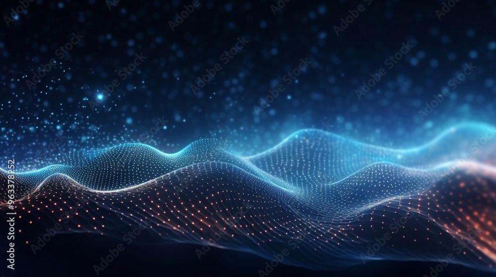 Poster the blue neon motion of flowing dots and glowing, blurred particles creates a digital wave backgroun