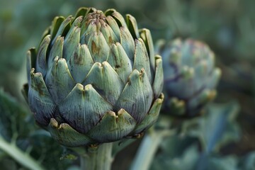 Fototapeta premium Artichoke growing in a garden, displaying its vibrant green color and unique textures