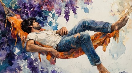Serene Daydreams - Watercolor Painting of a Man Relaxing in a Hammock by the Seaside