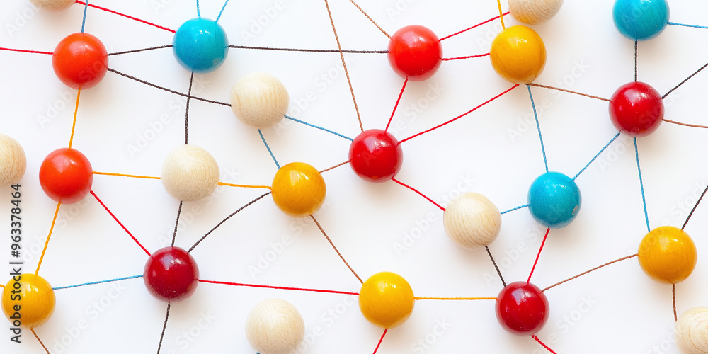 Poster abstract network connection concept with colorful string and wooden beads on white background