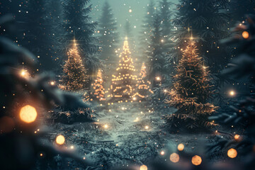 Naklejka premium Magical forest path lit by fairy lights leading into the woods