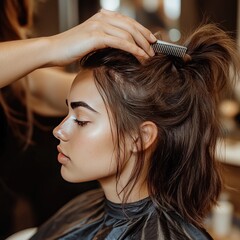 Fototapeta premium A side profile of a woman in a salon receiving a stylish hairstyle with a comb, showcasing beauty and haircare procedures.