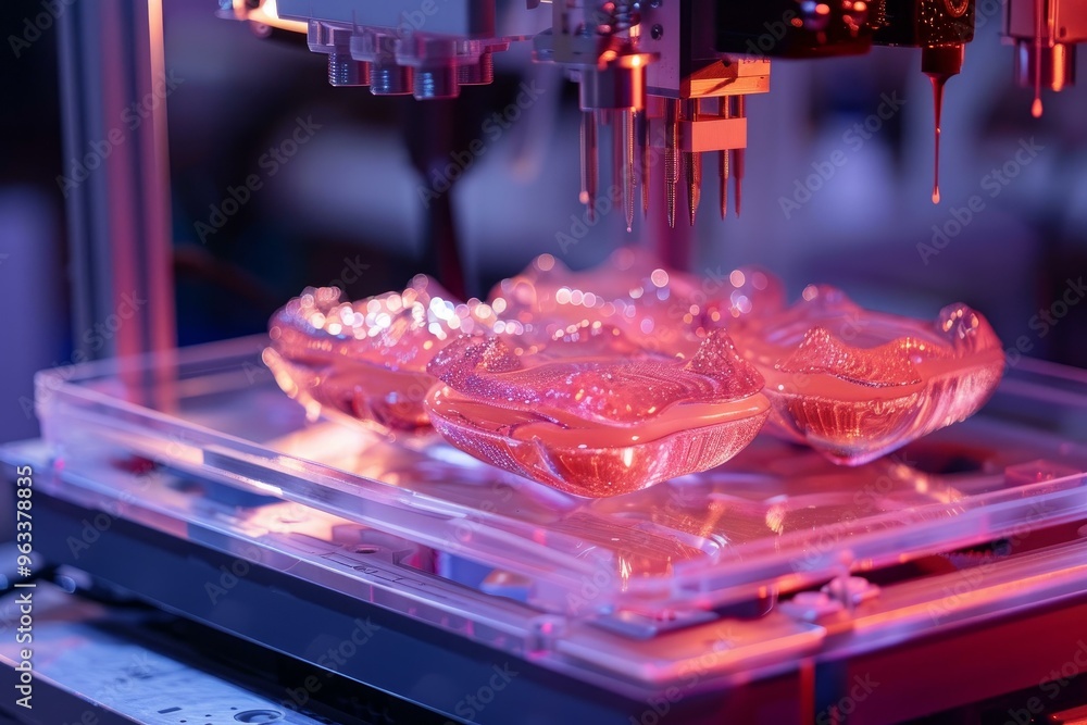 Aufkleber 3d printer is creating several sneakers at once by depositing a liquid polymer that hardens under pi